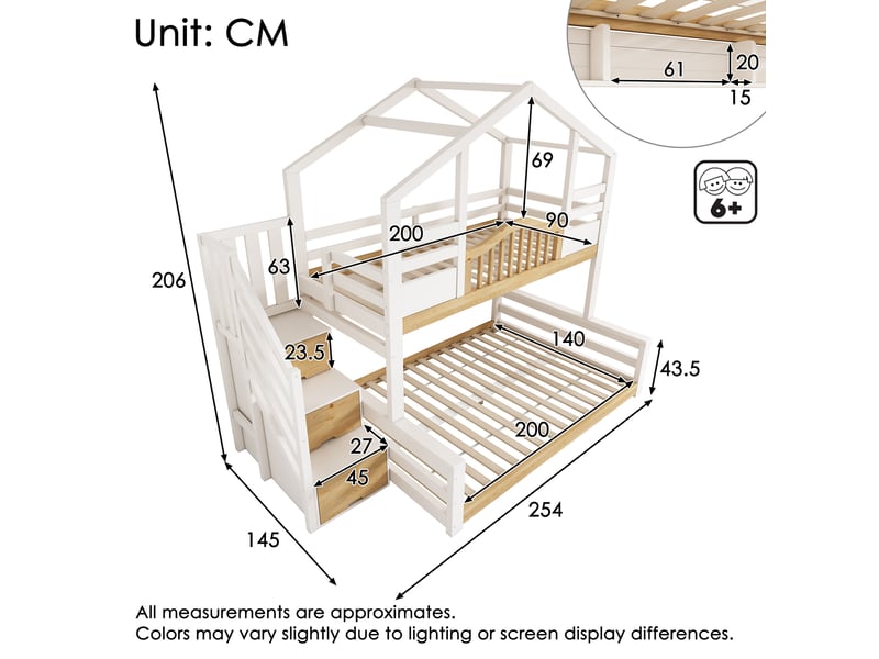 Lit superposé enfant cabane avec escalier de rangement, couchages 90x200 et 140x200 cm - Conforama E