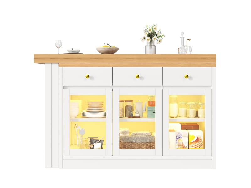  Îlot de cuisine extensible 120-200 cm avec led rgb, 3 tiroirs et 3 portes vitrées, table bar en mdf blanc  - Conforama D