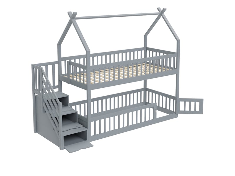 Lit superposé enfants 90x200 cm, escalier à tiroirs de rangement, sommier, charpente du toit, bois, gris, sans matelas - Conforama E