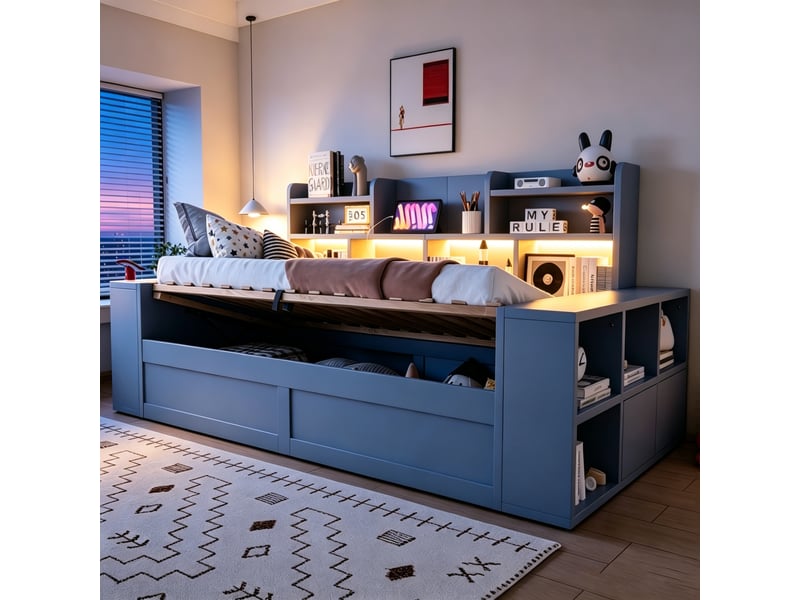 Lit banquette 1 place 90 x 200 cm en bois gris, coffre hydraulique, rangements intégrés au dossier et aux accoudoirs, prise électrique, éclairage led - Conforama E