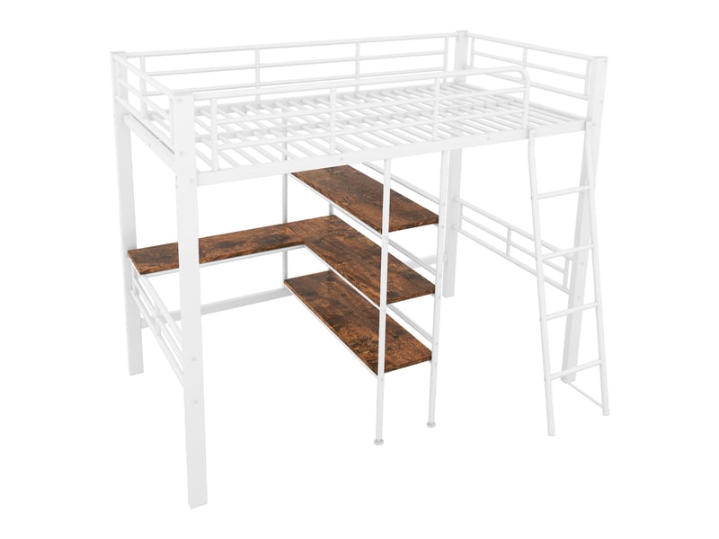  Lit mezzanine blanc 90x200 cm avec bureau, étagères, garde-corps et échelle  - Conforama D