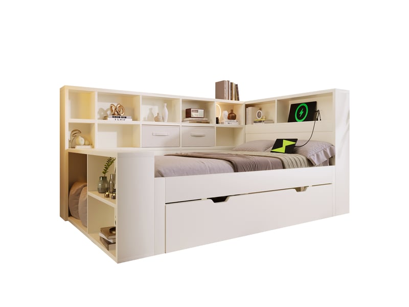  Lit gigogne, 90x190 cm, couchage gigogne, doté d’un espace de rangement, connectiques usbtype c, bois, coloris blanc  - Conforama A