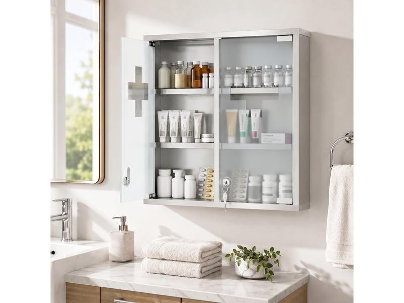  Armoire à pharmacie verrouillable avec 2 clés, porte vitrée et 6 étagères, 48 x 46 x 12 cm, argentée  - Conforama C