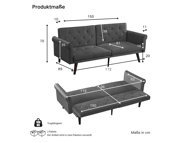  Canapé convertible modenvie 2 places velours gris dossiers réglables 172 x 89 cm  - Conforama C