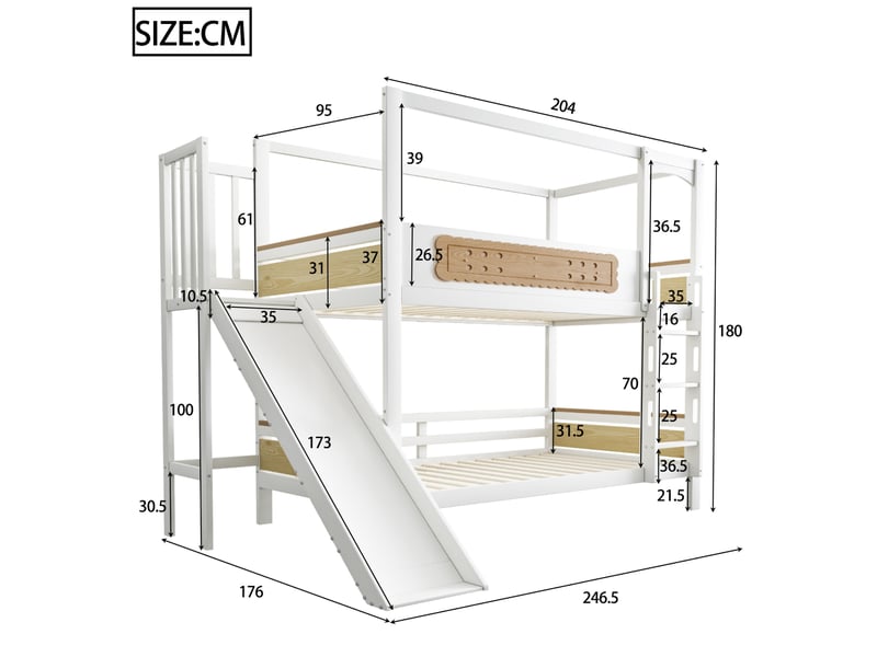  Modenvie lit superposé enfant 90x200 cm - avec toboggan, échelle large et barrières de sécurité - blanc et naturel  - Conforama C