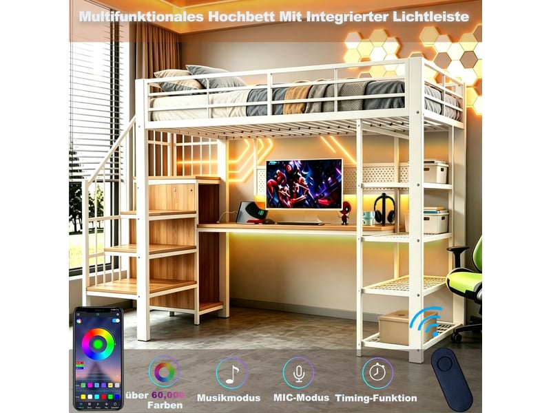  Lit mezzanine avec bureau 90 x 200 cm bureau long intégré panneau perforé long prises européennes éclairage led rangements à plusieurs niveaux garde-corps haut structure en métal blanc  - Conforama E