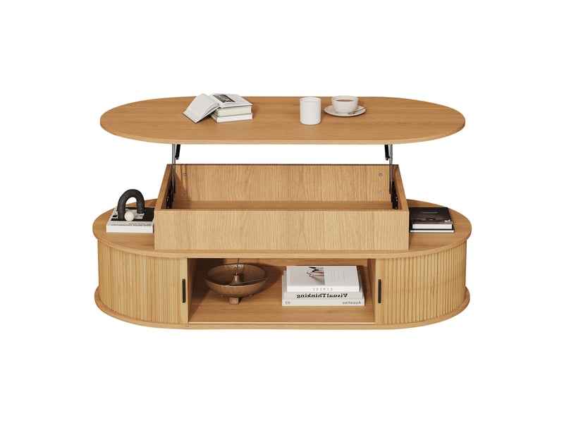 Table basse relevable ovale 100x50x40 cm - plateau hydraulique jusqu’à 55 cm, niches et portes coulissantes - mdf - bois naturel CozyNest - Conforama A