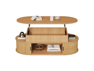 Table basse relevable ovale 100x50x40 cm - plateau hydraulique jusqu’à 55 cm, niches et portes coulissantes - mdf - bois naturel