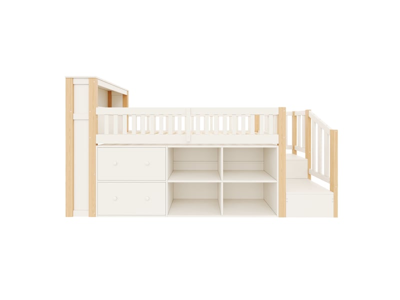  Lit mezzanine 90x200 cm naturel, tiroirs, rangements, armoire trapézoïdale, éclairage led, sans matelas  - Conforama A