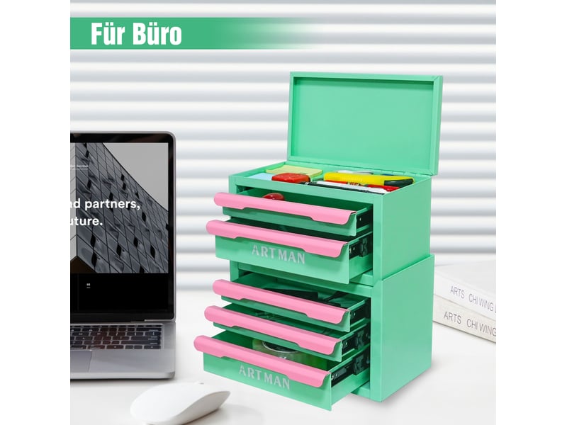 Organisateur de bureau à 5 tiroirs 28,5 x 15,8 x 32 cm vert et rose en acier, rangement empilable - Conforama E