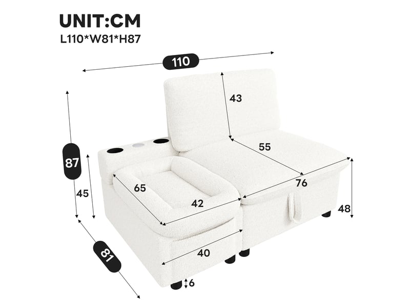  Fauteuil 1 place 110x81x87 cm, canapé avec rangement, rangement dissimulé, rangement intégré, ports usb et type-c, design moderne, tissu bouclé beige CozyNest - Conforama C