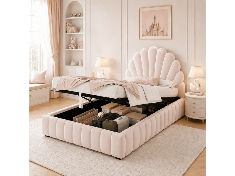  Lit coffre hydraulique 90x200 cm enfant ado rembourré en velours rose avec tête de lit fleur, rangement et sommier à lattes Morn Vibe - Conforama B