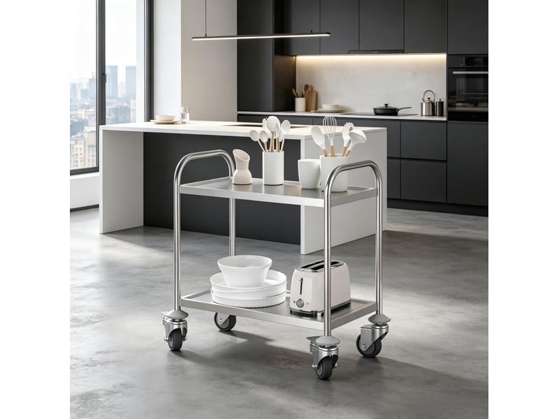 Desserte de cuisine à 2 niveaux sur roulettes en acier inoxydable chromé, gris  - Conforama C