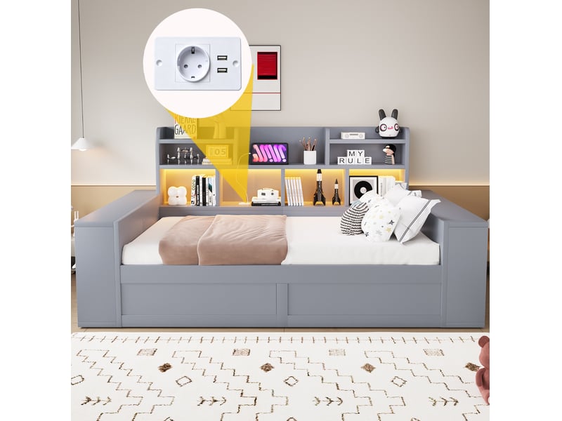  Canapé-lit modenvie 90 x 200 cm avec coffre hydraulique, rangements, led et prises, gris  - Conforama E