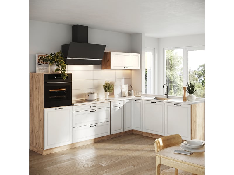 Vicco cuisine en angle, blanc campagnechêne doré, 287 x cm plan de travail marbre - Conforama C