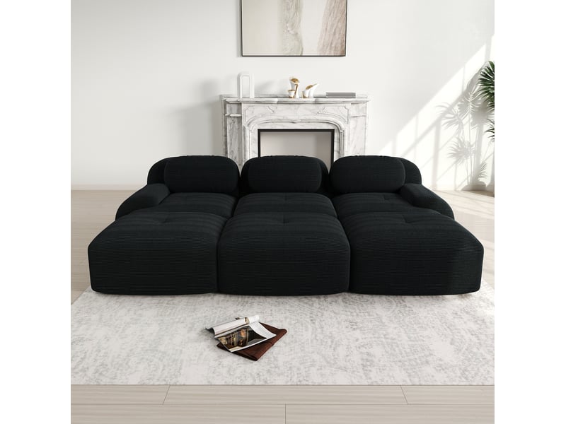 Canapé modulable modenvie 3 places avec 3 poufs velours côtelé noir 298 x 178 x 70 cm - Conforama D