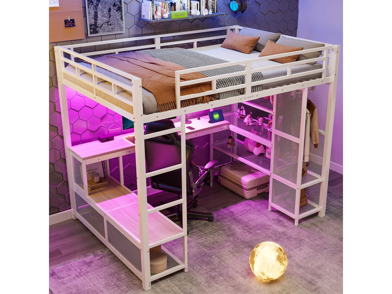 Lit mezzanine 140x200 cm coloris blanc led métal lit enfant blanc - Conforama E