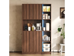Buffet de cuisine haut led avec prises, 2 portes et niches ouvertes, pour cuisine, noyer, 105 × 40 × 180 cm