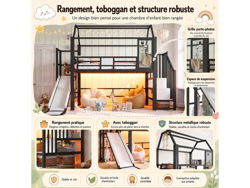  Lit mezzanine 90x200cm avec toboggan et échelle,cabane,design clôture,certifié en747-1,noir  - Conforama B
