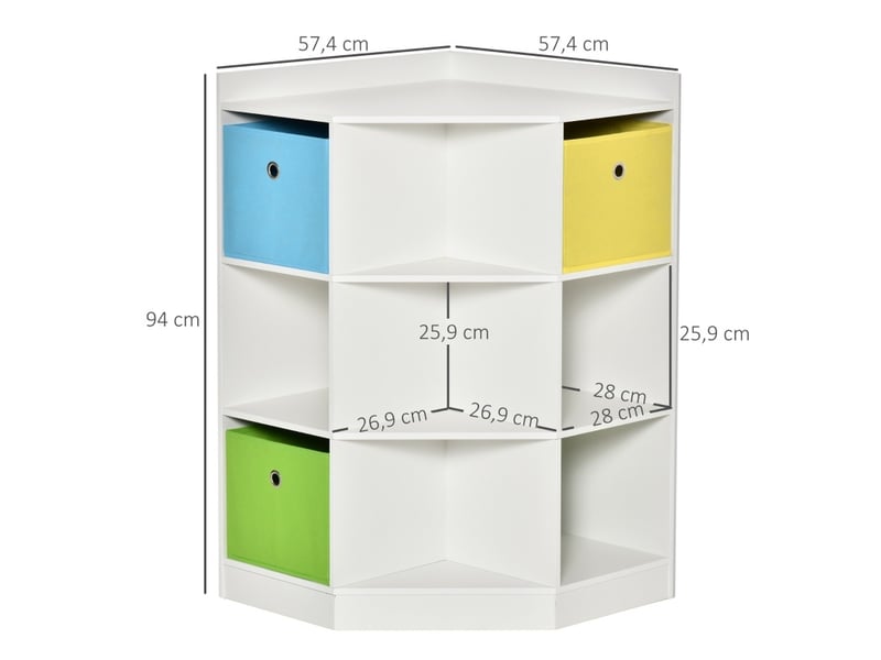  Meuble de rangement d'angle enfant 57,4 x 57,4 x 94 cm – blanc – 9 compartiments avec 3 bacs de tissu  - Conforama B