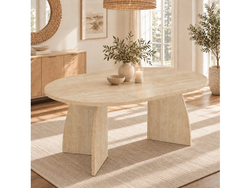  Table à manger extensible 100140180x100 cm ovale mdf travertin, conception télescopique, design minimaliste  - Conforama D