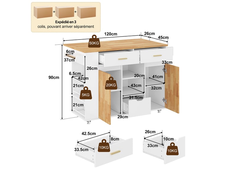  Desserte de cuisine mobile 120x71x90 cm plateau rabattable mdf blanc  - Conforama E