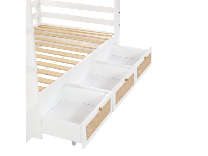 Lit superposé enfant 90x200 cm avec rangement, 3 tiroirs coulissants, garde-corps en rotin tressé, design naturel Blanc et bois Fay Lum - Conforama D