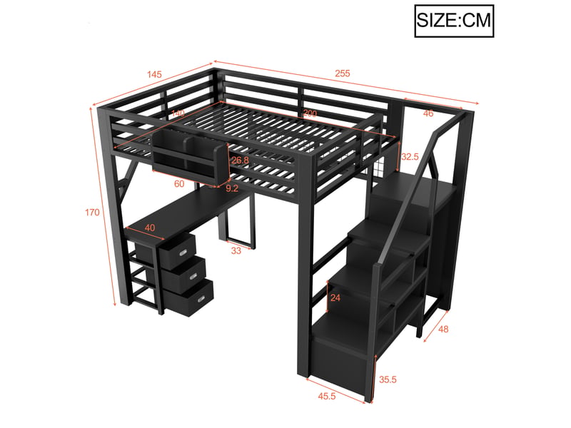 Lit mezzanine enfant 140x200 cm, bureau intégré avec station de charge, armoire, 3 tiroirs, étagère, panneau perforé, led, métal noir Radiant Stride - Conforama C