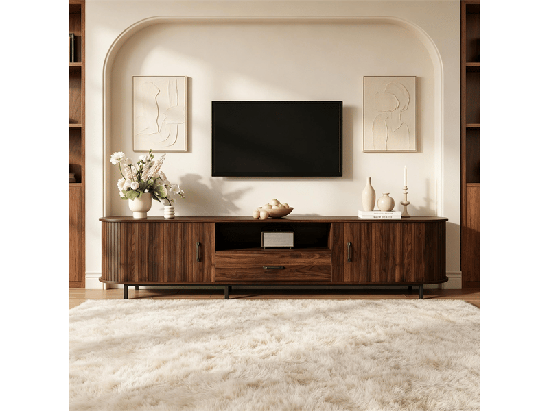  Meuble tv 180 cm pour téléviseur 75 pouces, couleur noyer avec portes coulissantes et tiroir, style rétro  - Conforama R