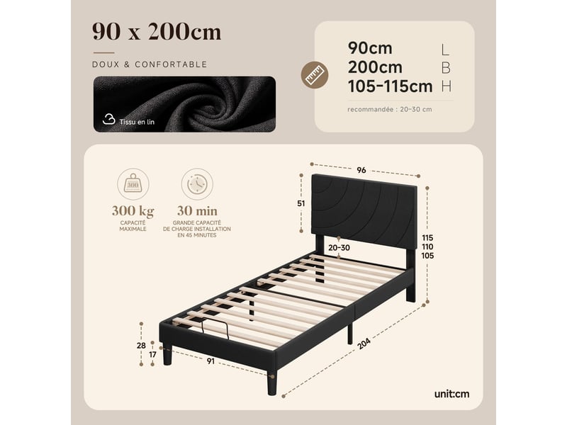  Lit 90x200 cm avec sommier à lattes, cadre de lit rembourré, tête de lit réglable, pieds antidérapants, lit 1 personne, noir  - Conforama E