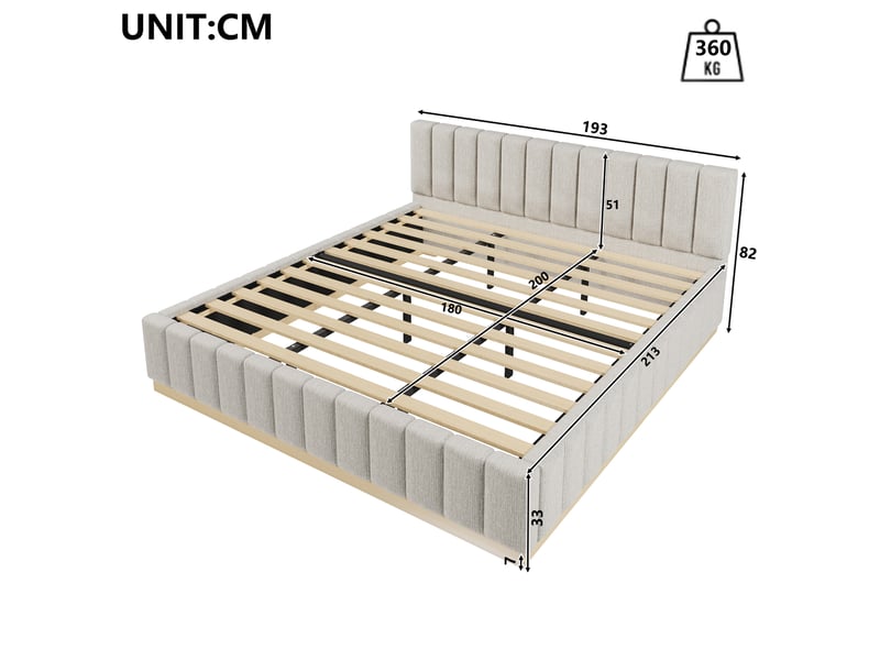 Lit double rembourré 180x200 cm avec tête de lit rembourrée, sommier à lattes inclus, couchage 2 places pour chambre, sans matelas, chenille gris Seren Glow - Conforama C