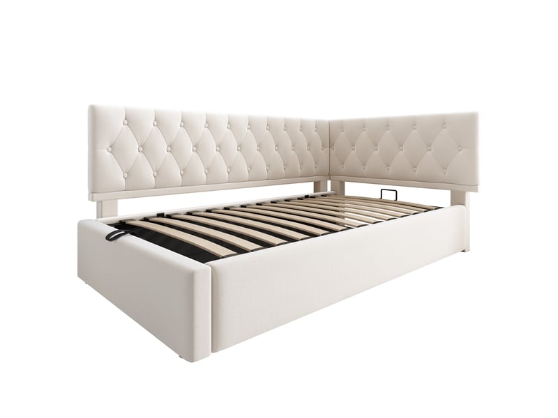 Lit banquette coffre 90 x 200 cm, coffre à relevage hydraulique, dossier en l, dossier réversible, sommier à lattes, pour la chambre, velours, beige ABC - Conforama A