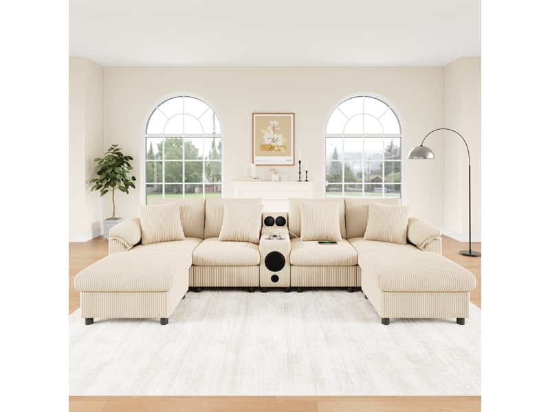  Canapé d'angle, canapé modulable, en velours tricoté, beige, porte-gobelets, pour salon et séjour, usb  - Conforama D