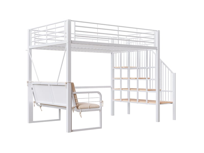 Lit superposé enfant 140x200 cm – blanc – escalier de rangement, canapé amovible et lavable, sans matelas - Conforama D