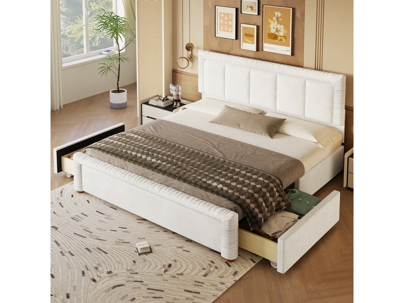  Lit capitonné 180 x 200 cm en velours français, avec 2 tiroirs, beige  - Conforama B
