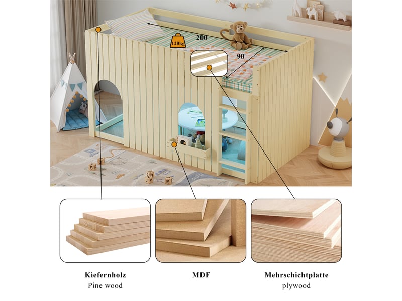  Lit mezzanine naturel 90x200 cm en pin et mdf, led multicolores, échelle à 3 marches avec rangements et fenêtres cintrées  - Conforama E