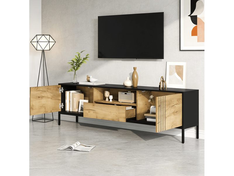  Meuble tv tcqpz 170 x 35 x 50 cm pour tv jusqu'à 70 pouces en panneau de particules chêne et noir avec 2 portes 1 tiroir  - Conforama D