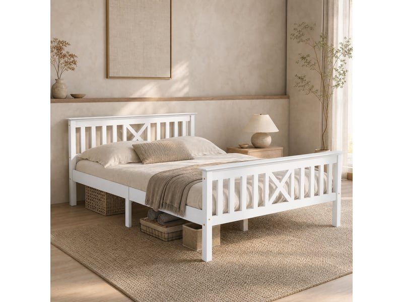 Lit double 200×140 cm avec tête de lit en x et sommier à lattes, sans matelas, en pin massif et mdf blanc - Conforama B