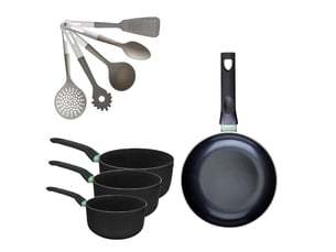 Batterie de cuisine avec 1 poêle 28 cm et 3 casseroles 161820 cm et 5 ustensiles de cuisine fackelmann brandao vario