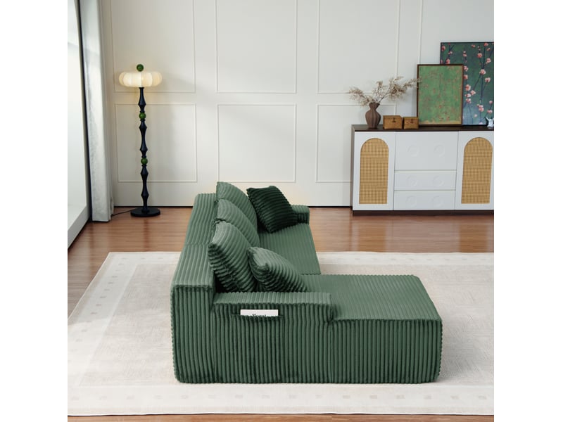  Canapé d’angle modulable gauche compressé 4 places en mousse et velours côtelé couleur vert, style moderne  - Conforama D