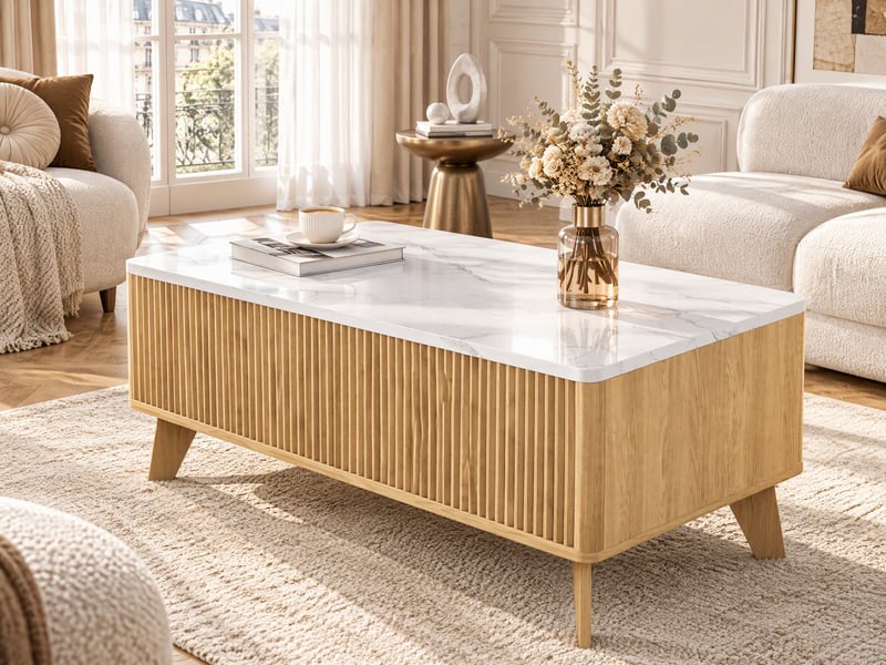  Table basse relevable salon avec rangement caché- plateau imitation marbre - panneaux cannelés verticaux  - compartiment de stockage - table basse multifonction - style scandinave mid-century - bois naturel  - Conforama B