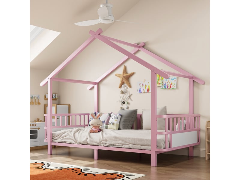  Lit enfant en métal forme maison 90 x 200 cm rose, barrière de sécurité et cadre décoratif  - Conforama D