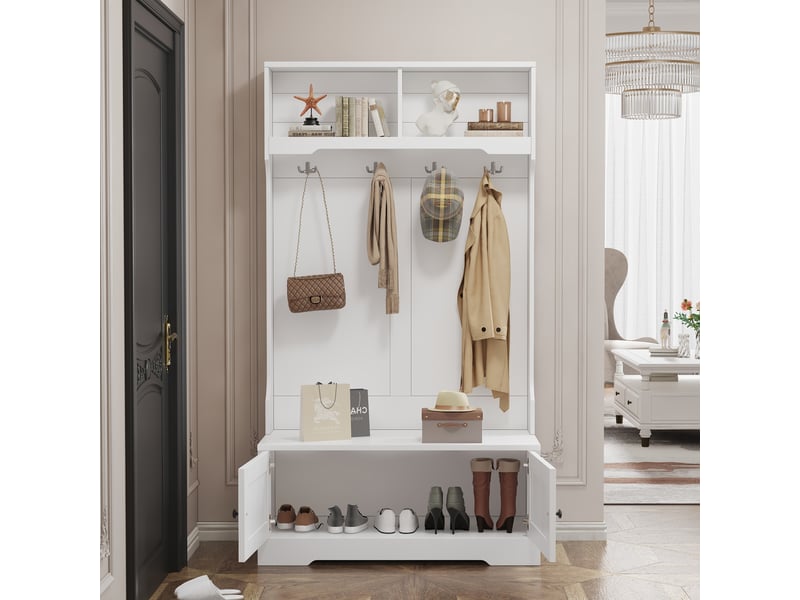 Meuble d’entrée blanc avec banc intégré, 4 patères et 2 niches ouvertes, rangement chaussures et manteaux, 101,5 x 183 cm - Conforama B