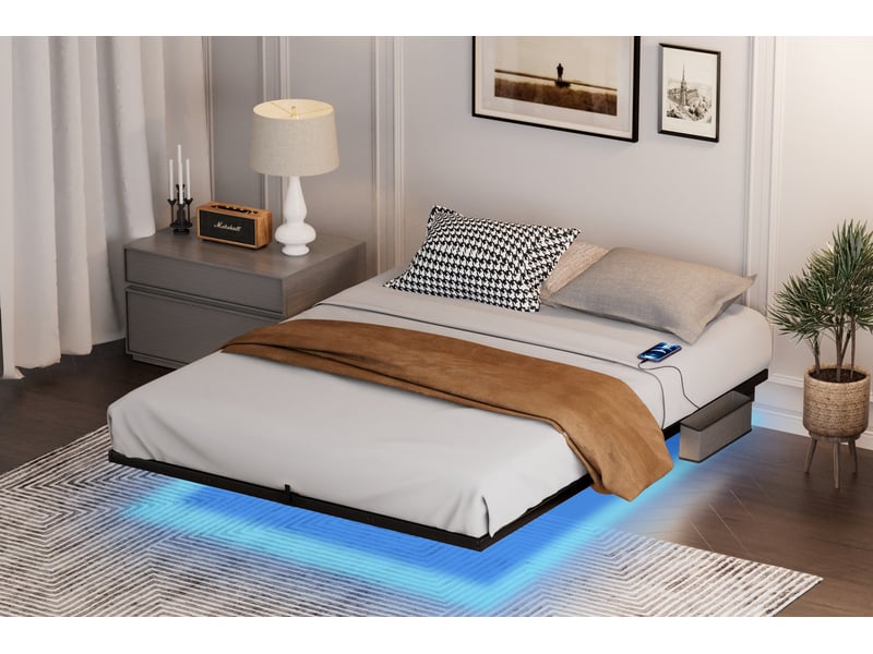  Lit double rembourré 160x200 cm avec éclairage led, cadre de lit adulte avec structure suspendue, noir, lit 2 personnes  - Conforama R