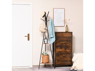 Porte-manteau trépied style industriel branches 2 étagères + 6 patères dim. 52l x 46l x 182h cm noir métal