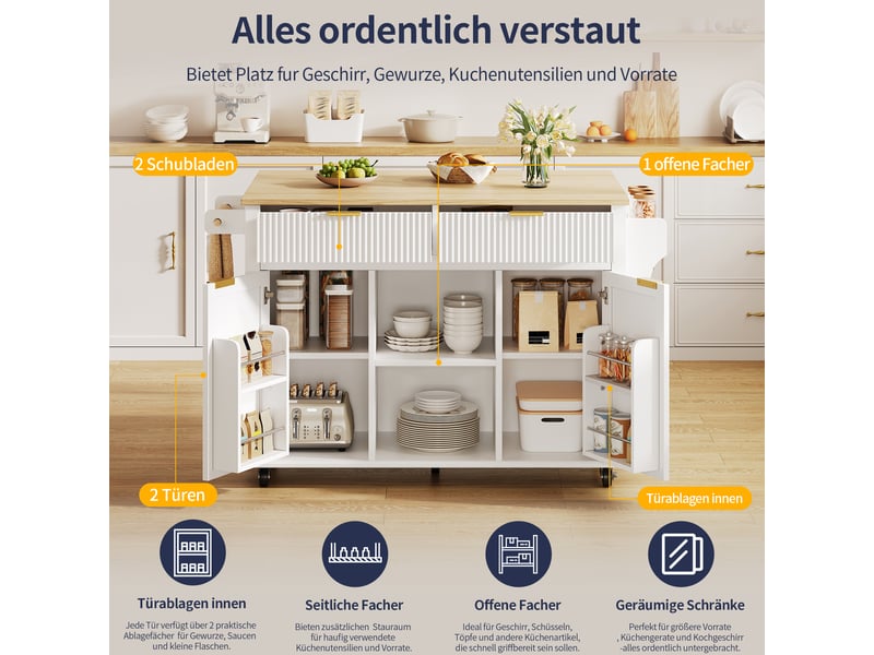  Îlot de cuisine sur roulettes avec plan rabattable 2 tiroirs 2 portes blanc N635P45406364W - Conforama E