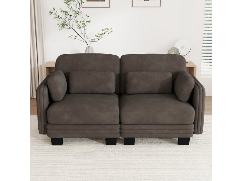 Canapé modulable 2 places en chenille marron avec cadre en bois massif, coussins lombaires et accoudoirs, pour salon et appartement - Conforama C