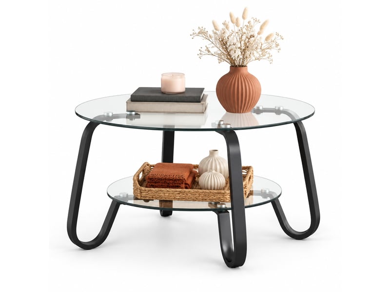  Table basse ronde à deux niveaux en verre trempé - lpospi - structure métallique industrielle, métal - noir  - Conforama A