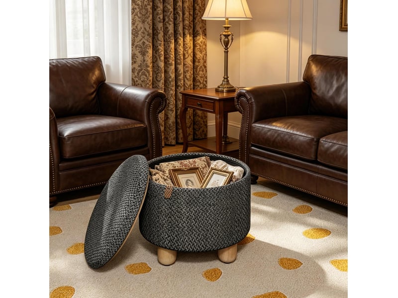  Pouf de rangement rond 39 x 39 x 33 cm gris foncé, en lin et mdf, avec couvercle réversible en bois  - Conforama B