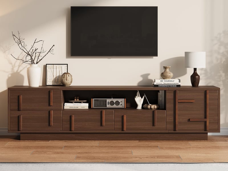  Meuble tv 180 x 40 x 45 cm en mdf, 4 tiroirs, 1 compartiment fermé et 2 étagères ouvertes, pour tv jusqu'à 75 pouces, noyer  - Conforama B